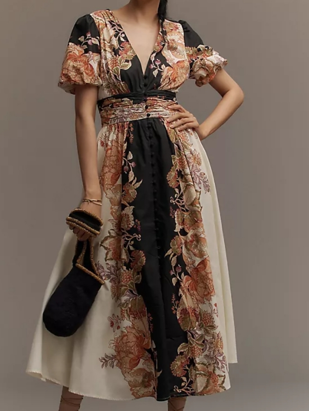 Anthropologie Katerina Button-Front Dress ✨ Cream Black Orange Floral Midi XS Bo - Picture 6 of 11